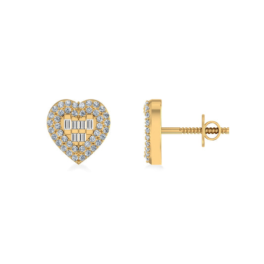 10K Yellow Gold Round Baguette Diamond Halo Heart Designer Earring 1/3 Ctw