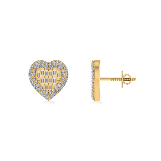 10K Yellow Gold Round Baguette Diamond Halo Heart Designer Earring 1/2 Ctw