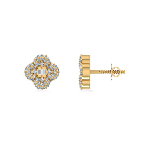 10K Yellow Gold Round Baguette Diamond Floral Designer Earring 1/3 Ctw