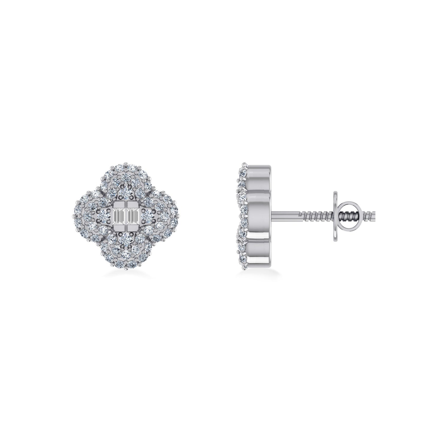 10K White Gold Round Baguette Diamond Floral Designer Earring 1/3 Ctw