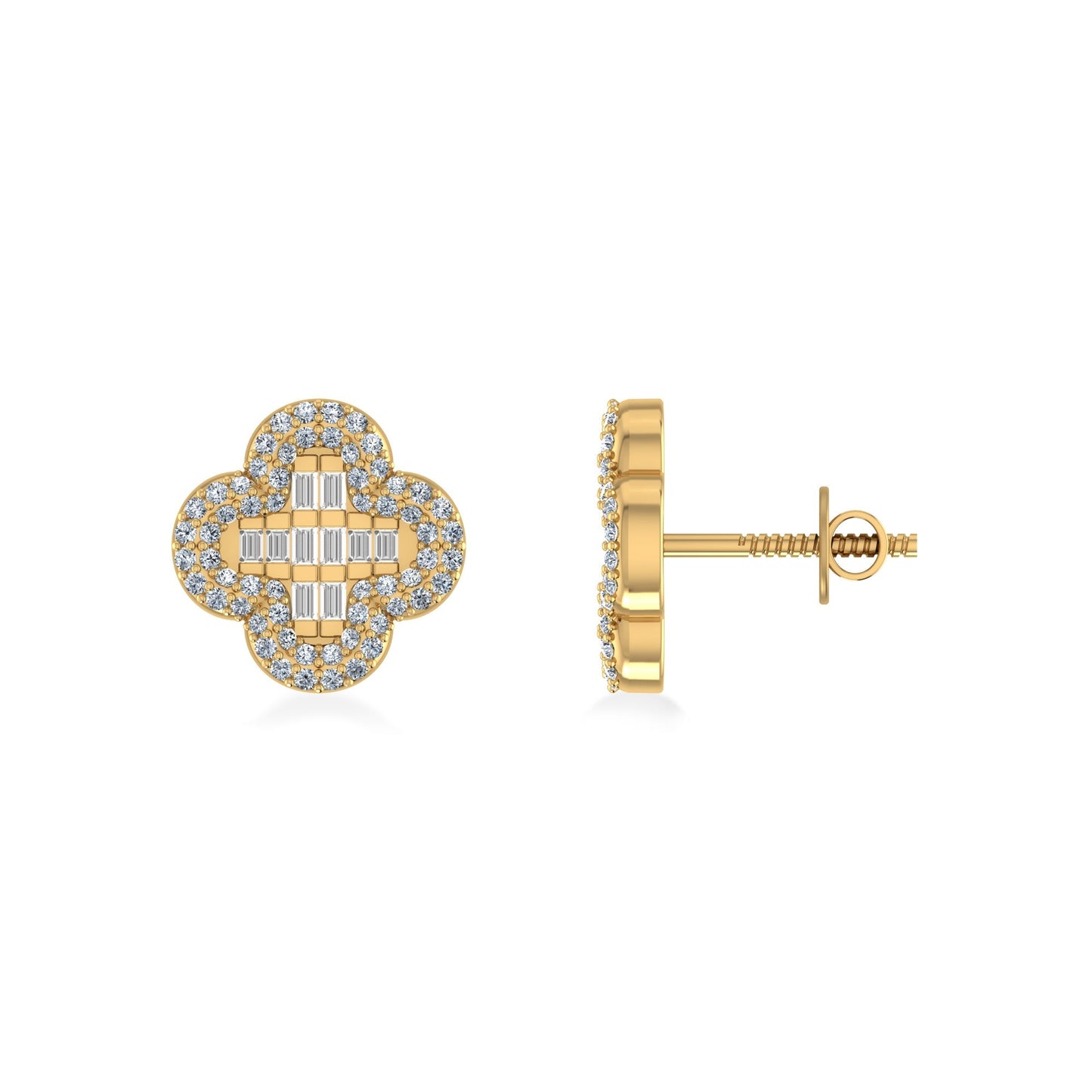 10K Yellow Gold Round Baguette Diamond Halo Floral Designer Earring 1/2 Ctw