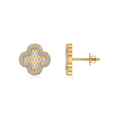 10K Yellow Gold Round Baguette Diamond Halo Floral Designer Earring 1/2 Ctw