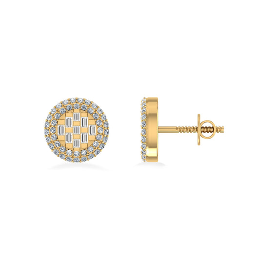10K Yellow Gold Round Baguette Diamond Halo Designer Earring 3/8 Ctw