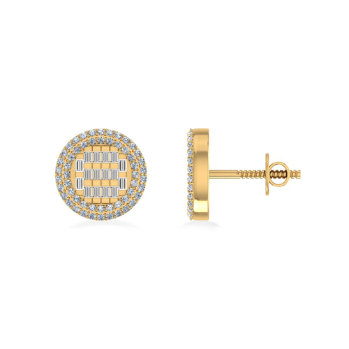 10K Yellow Gold Round Baguette Diamond Halo Designer Earring 5/8 Ctw