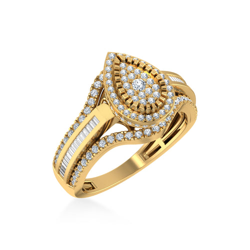10K Yellow Gold Round Baguette Diamond Pear Shape Size 7 Designer Ladies Ring 3/4 Ctw