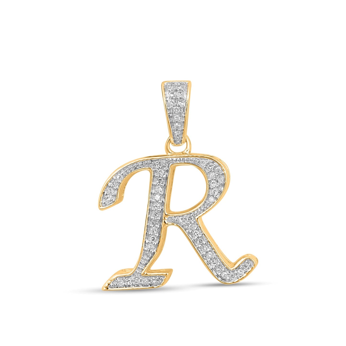 10K Yellow Gold Round Diamond R Letter Initial Pendant 1/10 Ctw