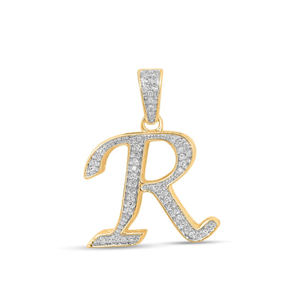 10K Yellow Gold Round Diamond R Letter Initial Pendant 1/10 Ctw