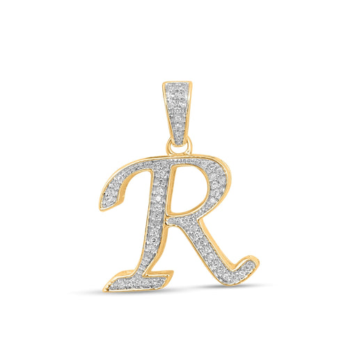 10K Yellow Gold Round Diamond R Letter Initial Pendant 1/10 Ctw