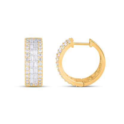 10K Yellow Gold Round Baguette Diamond 3 Row Designer Hoop Earring 1 Ctw
