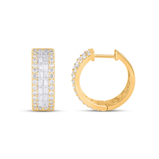 10K Yellow Gold Round Baguette Diamond 3 Row Designer Hoop Earring 1 Ctw