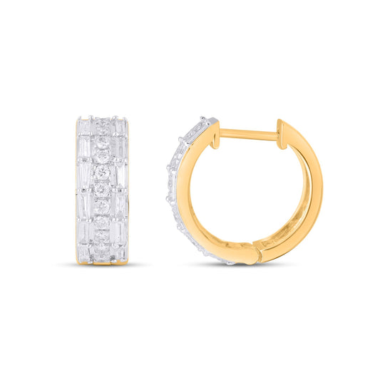 10K Yellow Gold Round Baguette Diamond Designer Hoop Earring 5/8 Ctw
