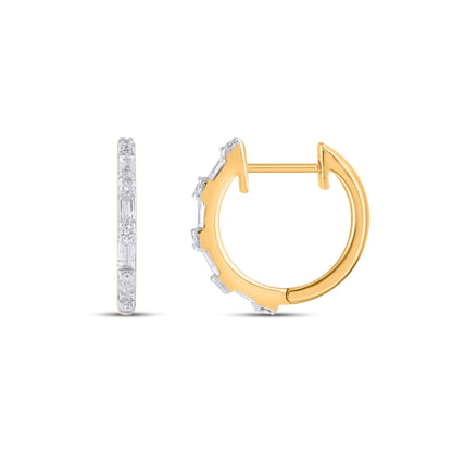 10K Yellow Gold Round Baguette Diamond Designer Hoop Earring 1/3 Ctw