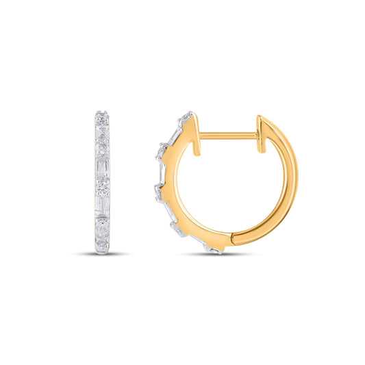 10K Yellow Gold Round Baguette Diamond Designer Hoop Earring 1/3 Ctw