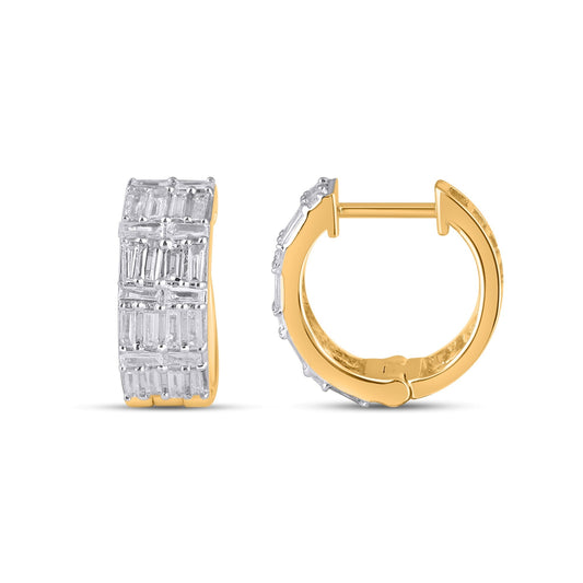 10K Yellow Gold Baguette Diamond Designer Hoop Earring 3/4 Ctw