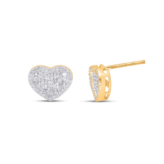 10K Yellow Gold Round Baguette Diamond Heart Earring 1/3 Ctw