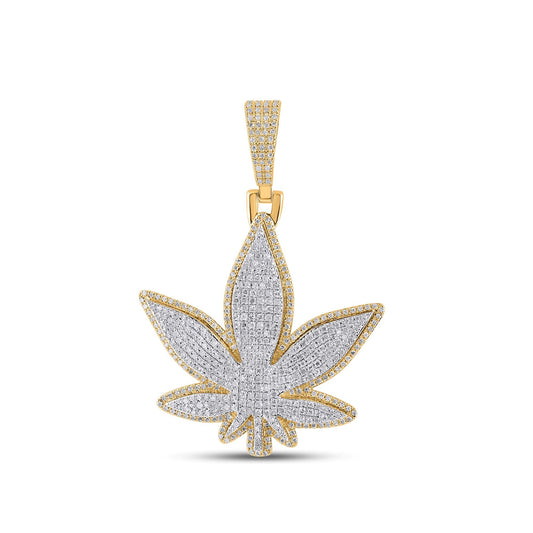 10K Yellow Gold Round Diamond Weed Leaf Pendant 1-1/2 Ctw