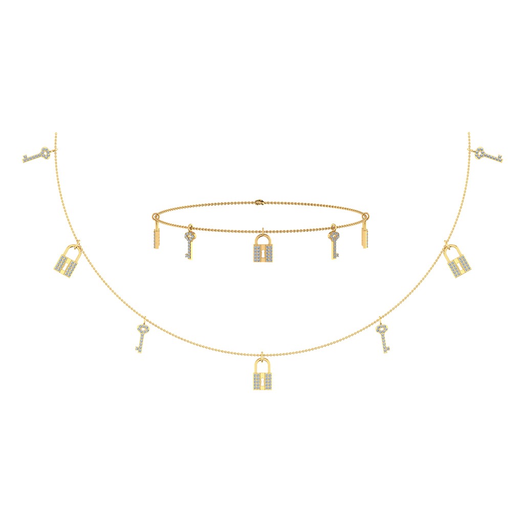 14K Yellow Gold Lock & Key Link Necklace Bracelet Jewelry Set 1/2 Ctw