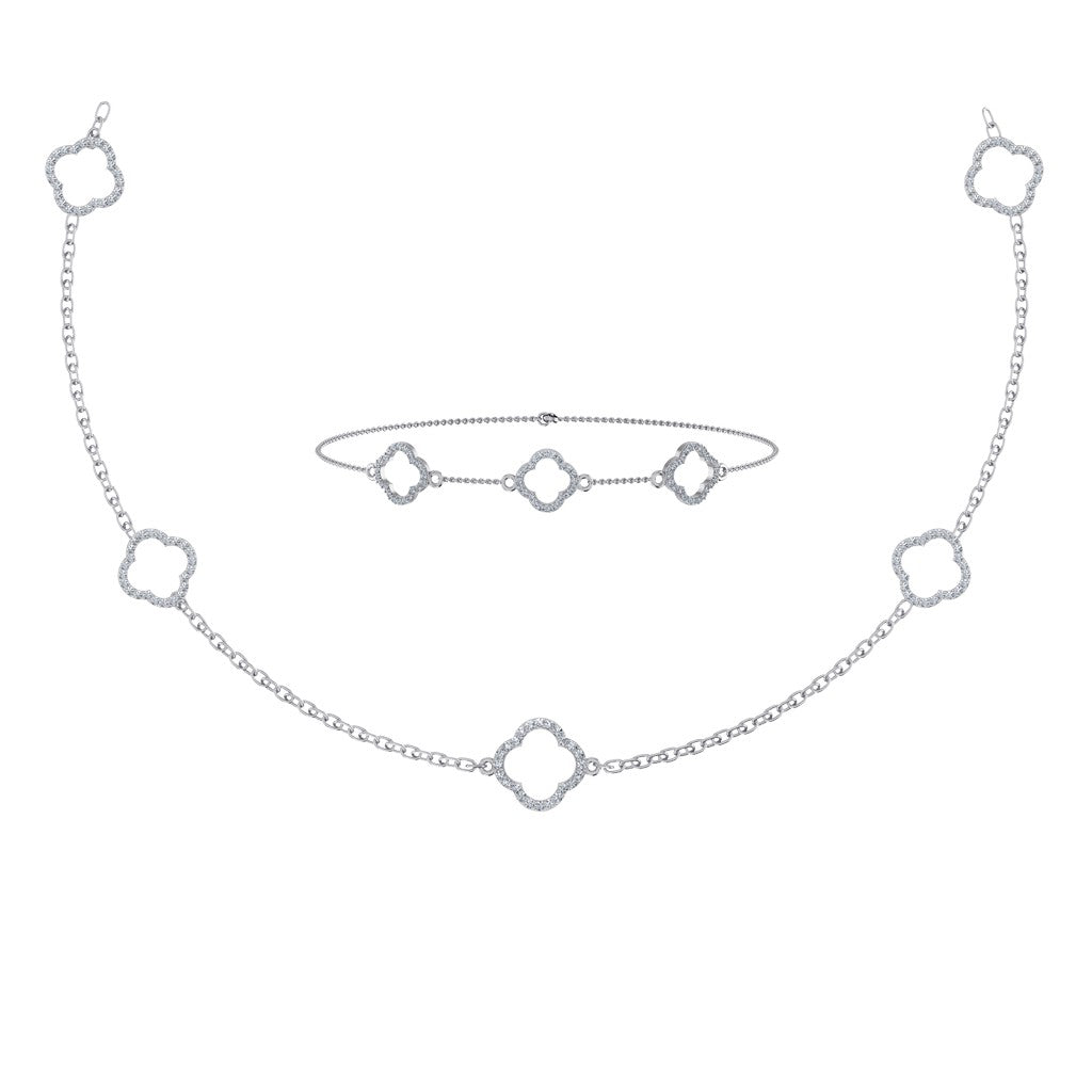 14K White Gold Round Link Necklace Bracelet Set 1-1/6 Ctw