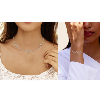 14K White Gold Round Link Necklace Bracelet Set 1-1/6 Ctw