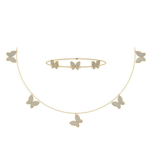 14K Yellow Gold Butterfly Necklace Bracelet Set 1-7/8 Ctw
