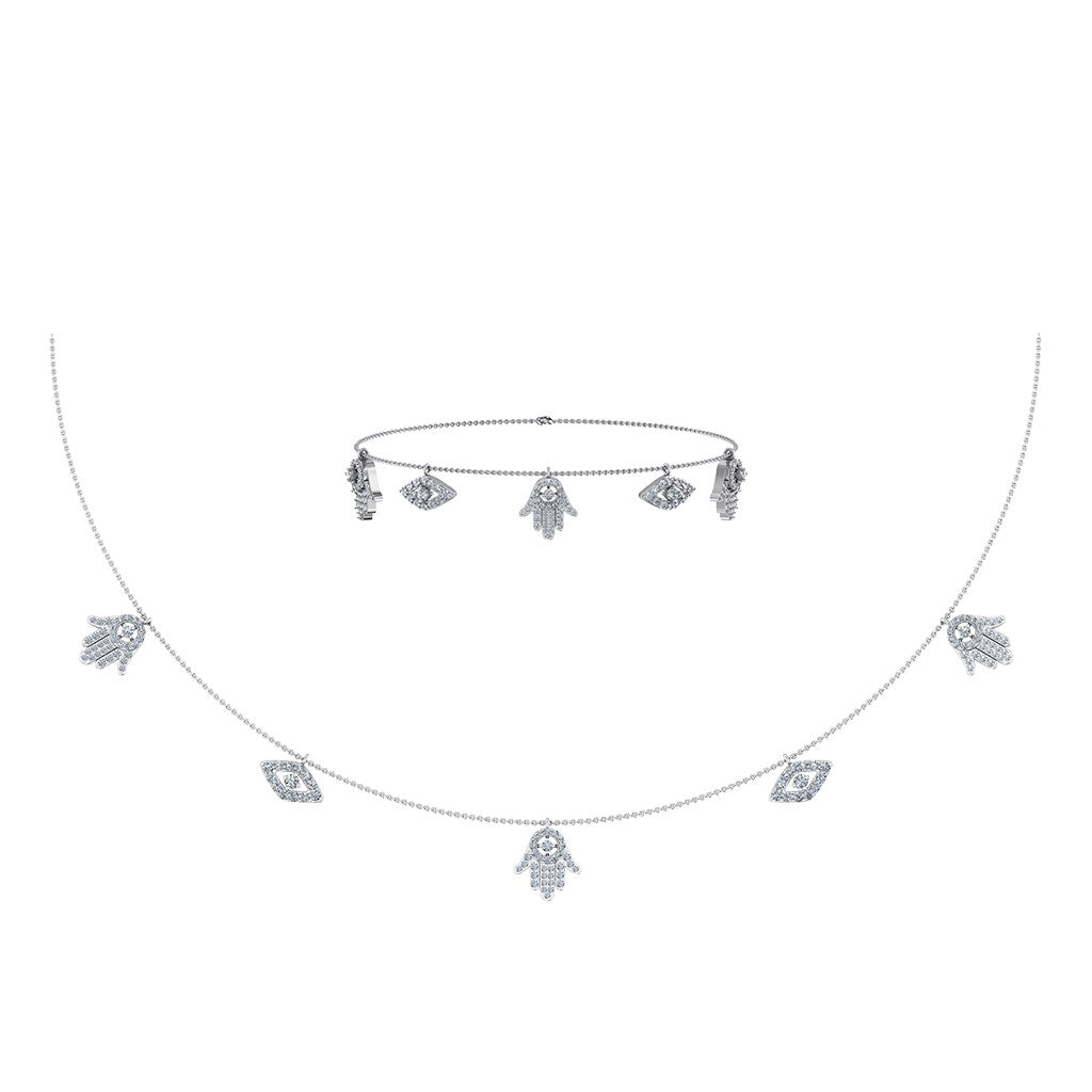 14K White Gold Hamsa Hand Evil Eye Necklace Bracelet Set 1-1/4 Ctw