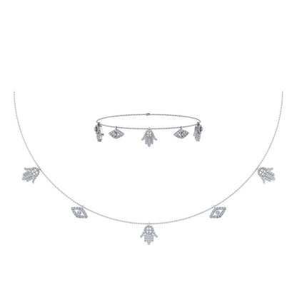14K White Gold Hamsa Hand Evil Eye Necklace Bracelet Set 1-1/4 Ctw