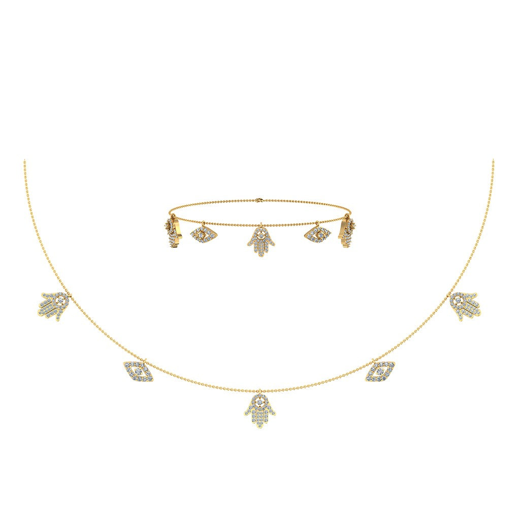14K Yellow Gold Hamsa Hand Evil Eye Necklace Bracelet Set 1-1/4 Ctw