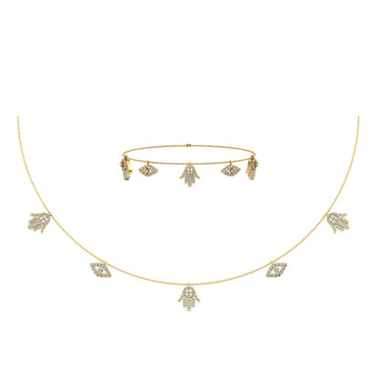 14K Yellow Gold Hamsa Hand Evil Eye Necklace Bracelet Set 1-1/4 Ctw