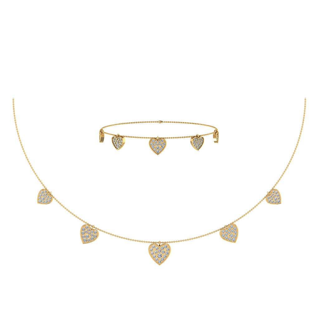 14K Yellow Gold Heart Necklace Bracelet Set 1-3/4 Ctw