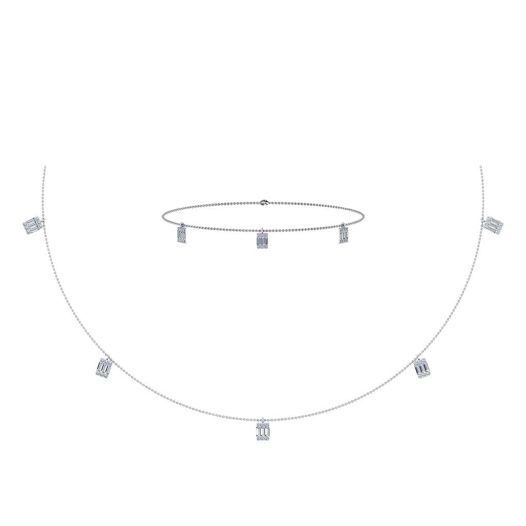 14K White Gold Baguette Link Necklace Bracelet Set 7/8 Ctw