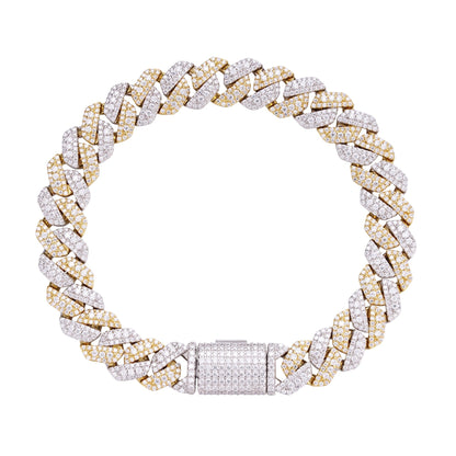 Sterling Silver Round Big Stone in Center Surrounded with Small Stones 10mm Moissanite Cuban Chain 8 Inch Bracelet 6-7/8 Ctw