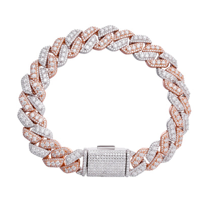 Sterling Silver Round Big Stone in Center Surrounded with Small Stones 12mm Moissanite Cuban Chain 8Inch Bracelet 10-7/8 Ctw