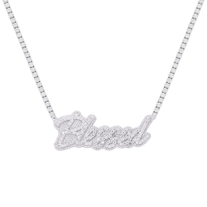 Sterling Silver Round Moissanite Blessed Word Designer 18 Inch Necklace 17-1/3 Ctw