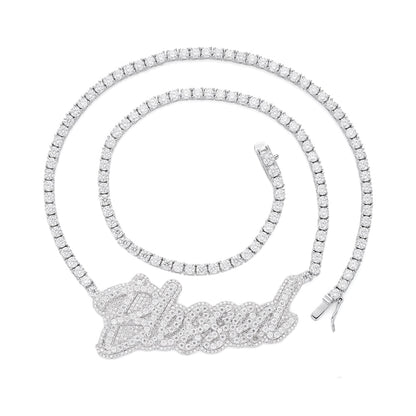 Sterling Silver Round Moissanite Blessed Word Designer 18 Inch Necklace 17-1/3 Ctw