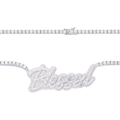 Sterling Silver Round Moissanite Blessed Word Designer 18 Inch Necklace 17-1/3 Ctw
