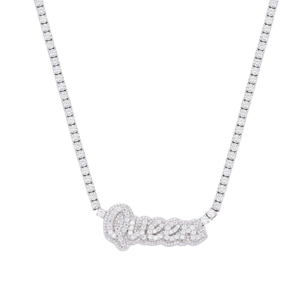 Sterling Silver Round Moissanite Queen Word Designer 18 Inch Necklace 15-5/8 Ctw