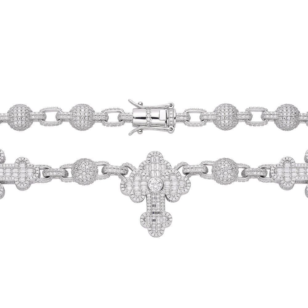 Sterling Silver Round Baguette Moissanite Cross Religious 22 Inch Necklace 38-1/3 Ctw