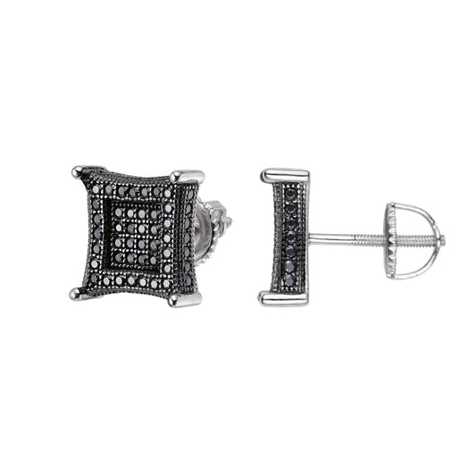 Sterling Silver Round Black Moissanite Square Shape Stud Earrings 7/8 Ctw