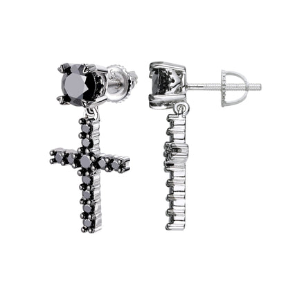 Sterling Silver Round Black Moissanite Cross Religious Stud Earrings 7/8 Ctw