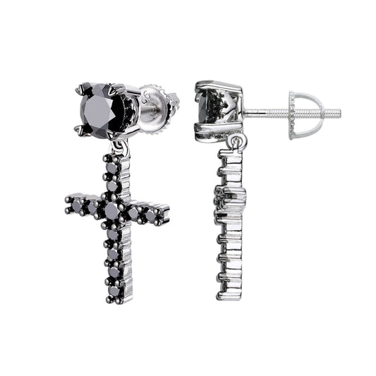 Sterling Silver Round Black Moissanite Cross Religious Stud Earrings 7/8 Ctw