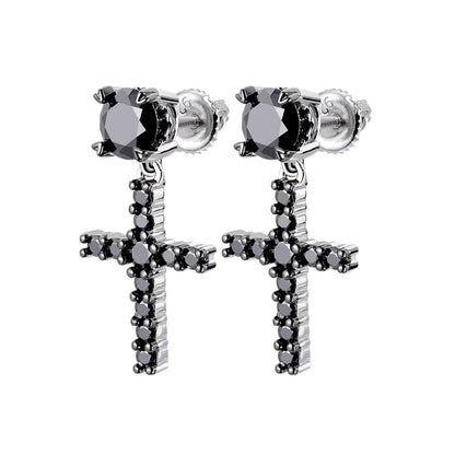 Sterling Silver Round Black Moissanite Cross Religious Stud Earrings 7/8 Ctw