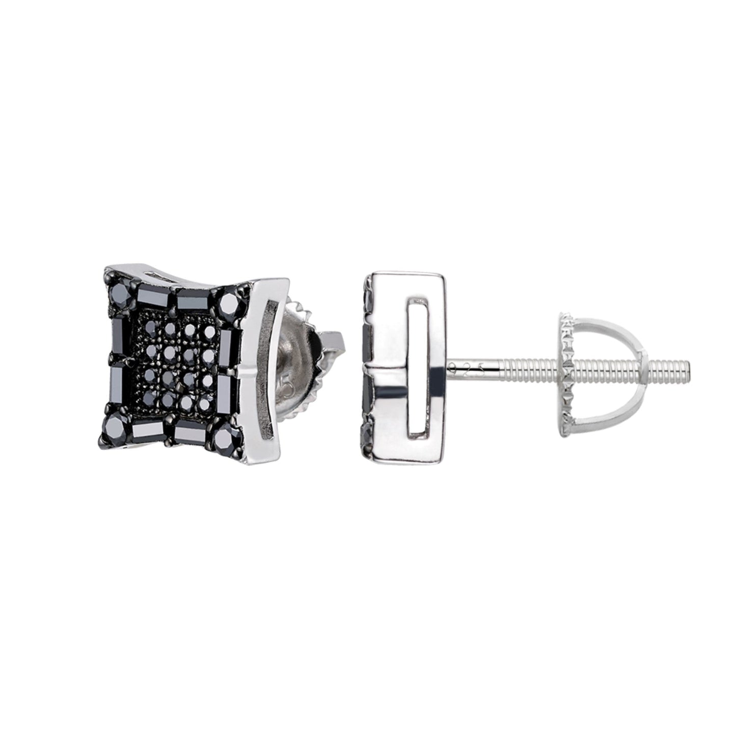 Sterling Silver Round Baguette Black Moissanite Square Shape Stud Earrings 5/8 Ctw