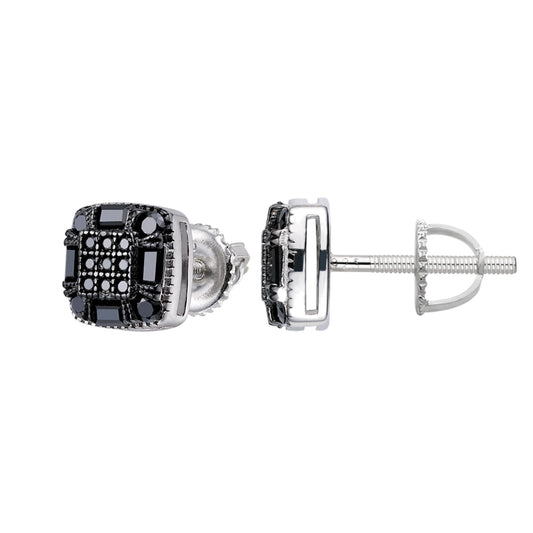 Sterling Silver Round Baguette Black Moissanite Square Shape Stud Earrings 3/4 Ctw