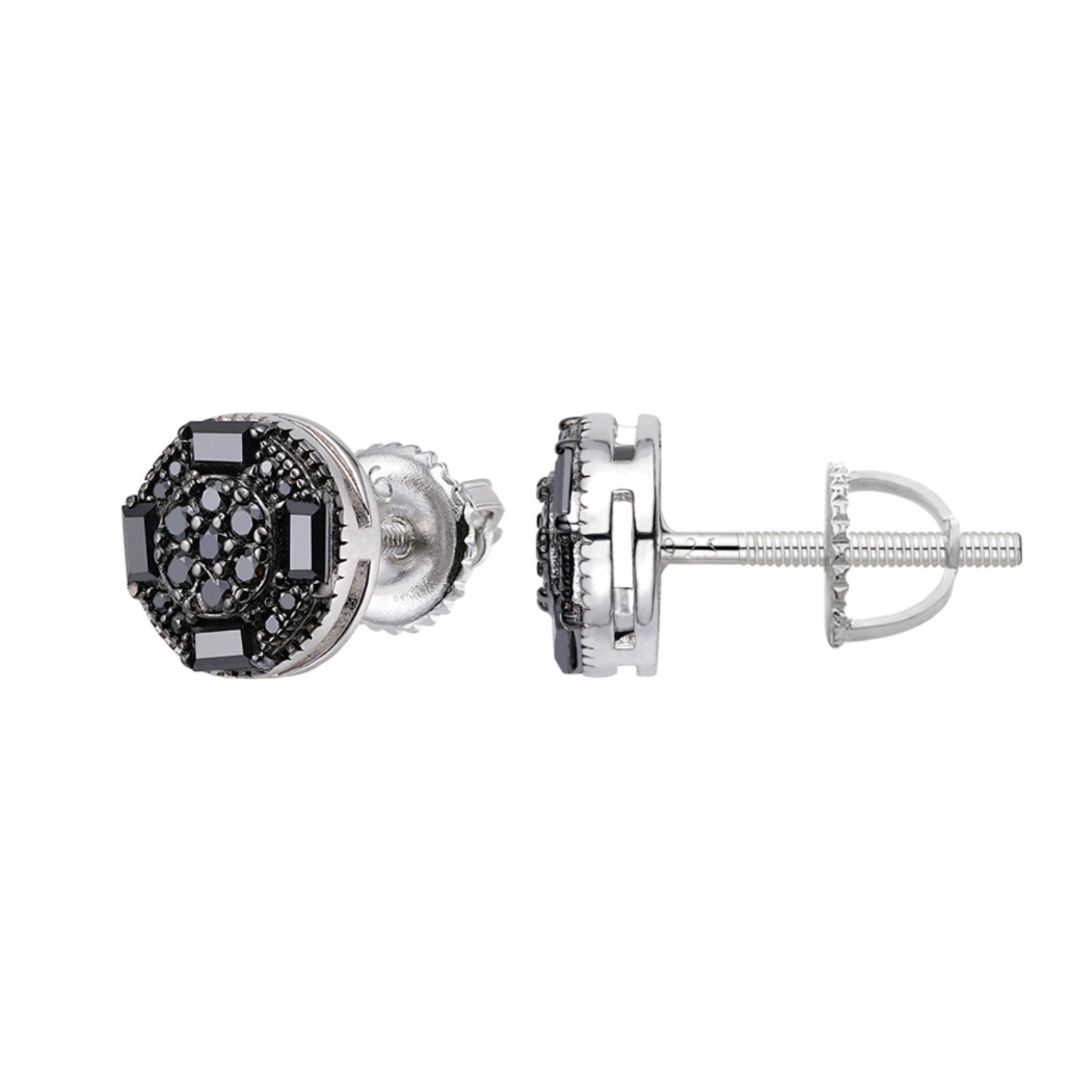 Sterling Silver Round Baguette Black Moissanite Stud Earrings 5/8 Ctw