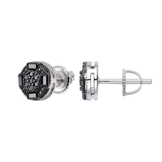 Sterling Silver Round Baguette Black Moissanite Stud Earrings 5/8 Ctw