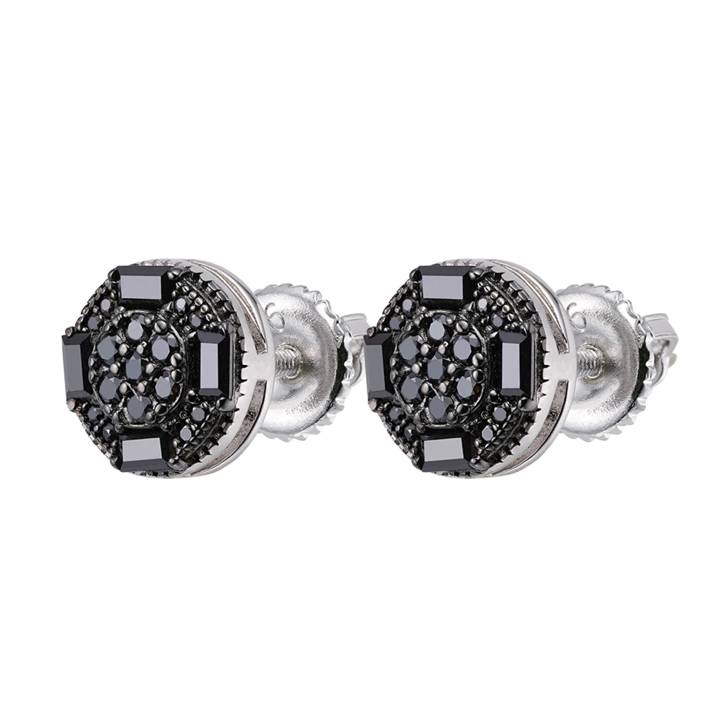 Sterling Silver Round Baguette Black Moissanite Stud Earrings 5/8 Ctw