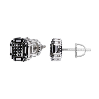 Sterling Silver Round Baguette Black Moissanite Square Shape Stud Earrings 7/8 Ctw