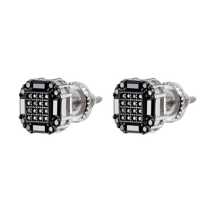 Sterling Silver Round Baguette Black Moissanite Square Shape Stud Earrings 7/8 Ctw