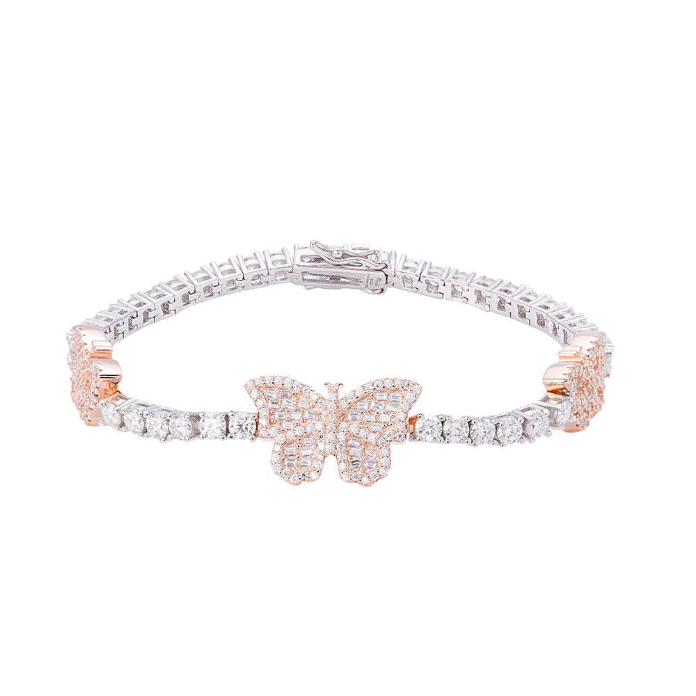 Sterling Silver Round Baguette 3mm Tennis Moissanite Butterfly Designer 7Inch Bracelet 6 Ctw