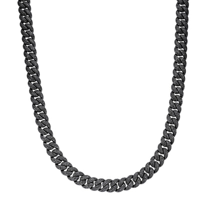 Sterling Silver 12mm Round Black Moissanite Miami Cuban Chain 22 Inch Men Necklace  19-5/8 Ctw